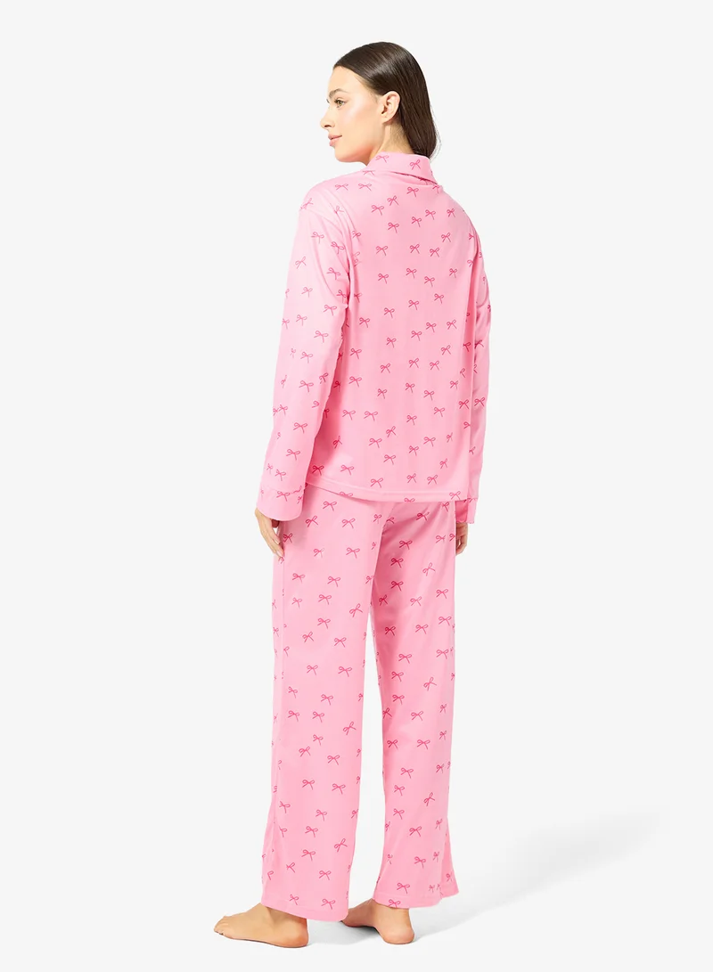 Ginger Bow Print Button Up Shirt & Pyjama Set